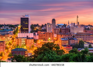 Lynchburg, Virginia, USA downtown city skyline at dusk.