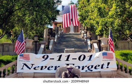 Lynchburg, Virginia USA - September 10, 2021: Decorations and displays for the 9-11 commemorative ceremony held at Lynchburg's Monument Terrace on September 10, 2021.