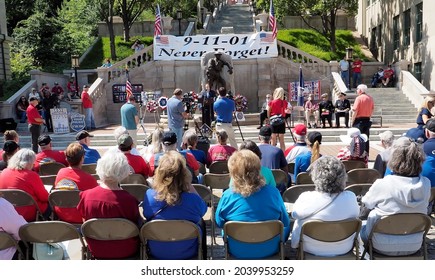 Lynchburg, Virginia USA - September 10, 2021: A view of the audience attending a 9-11 commemorative ceremony at Lynchburg's Monument Terrace on September 10, 2021. 