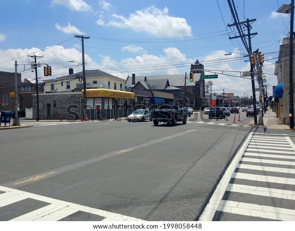 Lyndhurst, New Jersey, USA -\
June 20, 2021: View of the intersection of Valley Brook Avenue and\
Ridge Road