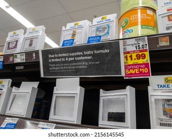 Lynnwood, WA USA - Circa May 2022: Angled View Of Bare Shelves During A Baby Formula Shortage Inside A QFC Grocery Store.