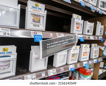 Lynnwood, WA USA - Circa May 2022: Angled View Of Bare Shelves During A Baby Formula Shortage Inside A QFC Grocery Store.