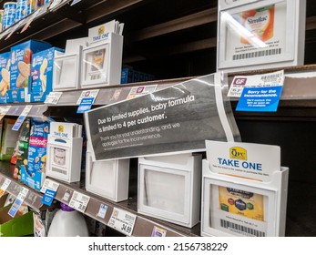 Lynnwood, WA USA - Circa May 2022: Angled View Of Bare Shelves During A Baby Formula Shortage Inside A QFC Grocery Store..