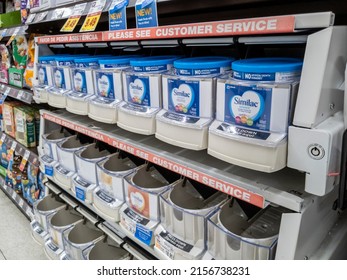 Lynnwood, WA USA - Circa May 2022: Angled View Of Bare Shelves During A Baby Formula Shortage Inside A QFC Grocery Store.