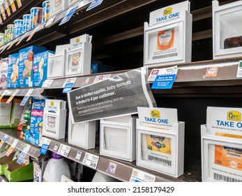 Lynnwood, WA USA - Circa May 2022: Angled View Of Bare Shelves During A Baby Formula Shortage Inside A QFC Grocery Store.