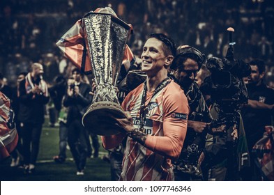 LYON, FRANCE - 16 May, 2018: Fernando Torres Celebrate Victory With The UEFA Cup Europa League At The Groupama Stadium, France