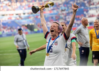 LYON, FRANCE - 7 JULY, 2019: Megan Rapinoe Of USA Holds A Trophy After The 2019 FIFA Women's World Cup Final Match Between USA And Netherlands.