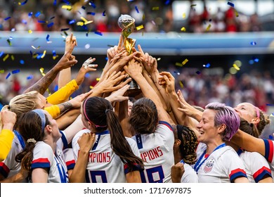 LYON, FRANCE - 7 JULY, 2019: USA women's national team celebrate with a trophy after the 2019 FIFA Women's World Cup Final match between USA and Netherlands.