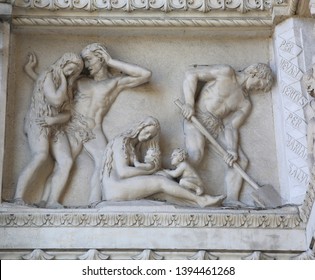 Lyon, France - August 16, 2018: Sculpture Of Expulsion Of Adam And Eve From The Earthly Paradise And The Birth Of Cain And Abel On Basilica Of Notre Dame De Fourviere