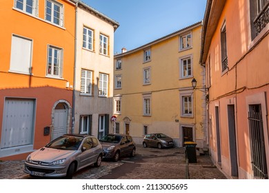 Lyon, France - January 25, 2022: Street view and buildings in the old town of Lyon (Vieux Lyon), France.
