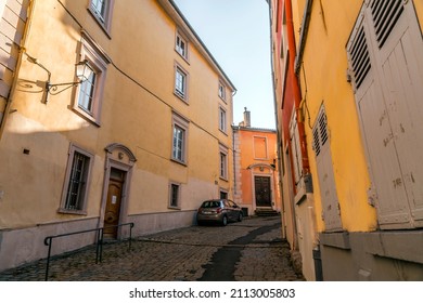 Lyon, France - January 25, 2022: Street view and buildings in the old town of Lyon (Vieux Lyon), France.