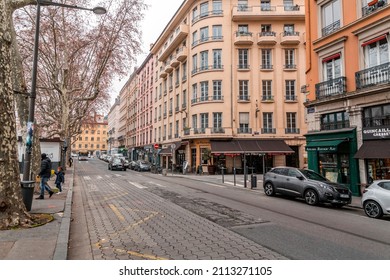 Lyon, France - January 26, 2022: Street view and buildings in the old town of Lyon (Vieux Lyon), France.