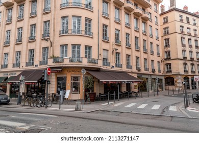 Lyon, France - January 26, 2022: Street view and buildings in the old town of Lyon (Vieux Lyon), France.