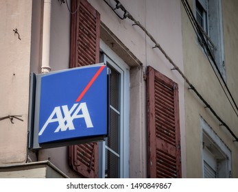 LYON, FRANCE - JULY 17, 2019: Axa logo on their local agent in Lyon. Axa is a French insurance and banking group, one of the biggest insurers of Europe

