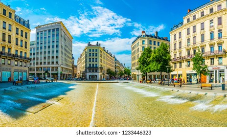 LYON, FRANCE, JULY 22, 2017: Place De La Republique In The Historical Center Of Lyon Dominated By A Large Fountain, France
