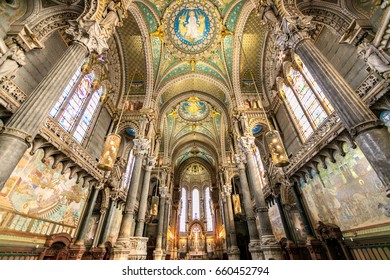 Lyon, France - MARCH 15, 2016 :Interiors in Notre Dame de Fourviere basilica on 15 Dec 2015, paintings and details of Notre Dame de Fourviere basilica, Lyon, France