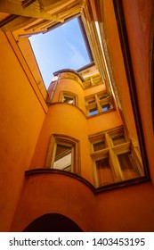 Lyon, France - May 10, 2019: Building above a Traboule passage, in Old Lyon, France