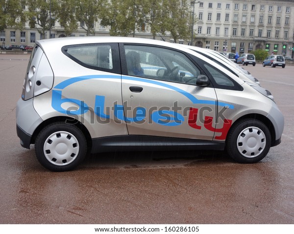 LYON, FRANCE - OCTOBER 10: Bluely electrical car in\
Lyon on October 10, 2013. Bluely is the first full electric and\
open-access car sharing service in Lyon introduced to public in\
October 2013.