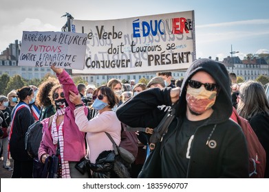 LYON, FRANCE - OCTOBER 18, 2020 : Anti Terrorism Protest After Islamic Terrorist Attacks : Professor Samuel Paty Was Beheaded In Front Of His College In Conflans Sainte Honorine