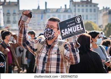 LYON, FRANCE - OCTOBER 18, 2020 : Anti Terrorism Protest After Islamic Terrorist Attacks : Professor Samuel Paty Was Beheaded In Front Of His College In Conflans Sainte Honorine