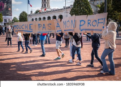 LYON, FRANCE - OCTOBER 18, 2020 : Anti Terrorism Protest After Islamic Terrorist Attacks : Professor Samuel Paty Was Beheaded In Front Of His College In Conflans Sainte Honorine