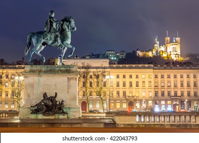 Lyon Place Bellecour Statue Of King Louis XIV At Night France