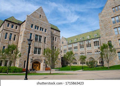 Lyons Hall with Collegiate Gothic style at the quad in Boston College. Boston College is a private university established in 1863 in Chestnut Hill, Newton, Massachusetts MA, USA.