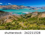 Lyttelton harbor from the Cavendish mountain, Christchurch, South island of New Zealand