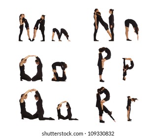 M, N, O, P, Q and R abc letters formed by humans