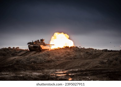 M1 Abrams takes aim and fires at a target down range during gunnery training.