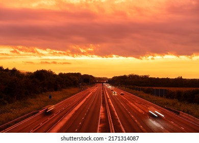 M1 Motorway At Sunset In England. United Kingdom