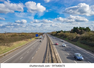 M1 Motorway In UK With Blue Sky At Sunny Day 