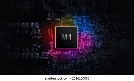 M1 processor chip. Network digital technology with computer cpu chip on dark motherboard background. Protect personal data and privacy from hacker cyber attack
