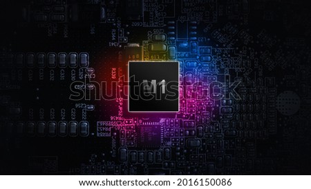 M1 processor chip. Network digital technology with computer cpu chip on dark motherboard background. Protect personal data and privacy from hacker cyber attack