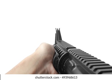M4 rifle weapon in first person view isolated on white background
