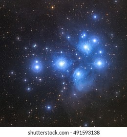 M45 Pleiades Star Cluster In The Constellation Taurus With Spikes And Glare