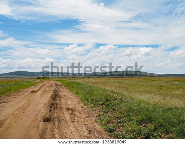 Maasai Mara, Kenya,\
Africa - February 26, 2020: Dirt road through Maasai Mara Game\
Reserve in Kenya, Africa