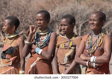 MAASAI VILLAGE \ KENYA-AUGUST 6, 2018: Members of the Maasai tribe meet tourists