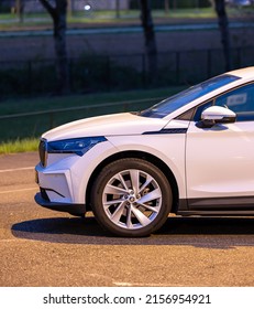 MAASBRACHT, NETHERLANDS - Mar 31, 2022: A Closeup Of A Skoda Enyaq Front Under A Streetlight