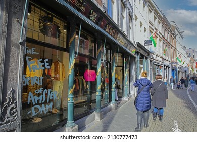 Maastricht, Netherlands - February 9. 2022: View On Store Front Of Sctoch And Soda Fashion Shop On Busy Pedastrian Zone 