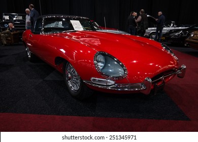 MAASTRICHT, NETHERLANDS - JANUARY 08, 2015: The sports car Jaguar E-Type Series 1. International Exhibition InterClassics & Topmobiel 2015