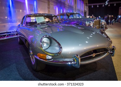 MAASTRICHT, NETHERLANDS - JANUARY 14, 2016: Sports car Jaguar E-Type Series I. International Exhibition InterClassics & Topmobiel 2016