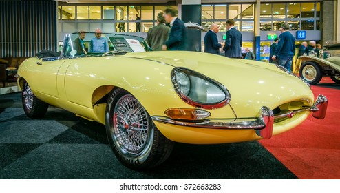 MAASTRICHT, NETHERLANDS - JANUARY 14, 2016: Sports car Jaguar E-Type Series I convertible, 1964. International Exhibition InterClassics & Topmobiel 2016