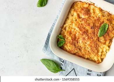 Mac And Cheese, American Style Macaroni Pasta With Cheesy Bechamel Sauce And Crunchy Breadcrumbs Topping. Pasta And Cheese Casserole. Top View.