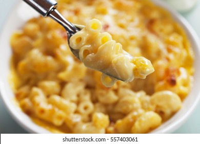 Mac And Cheese, American Style Macaroni Pasta In Cheesy Sauce