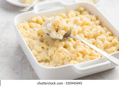 Mac & Cheese, Baked Macaroni And Cheese In White Casserole Dish, Selective Focus.