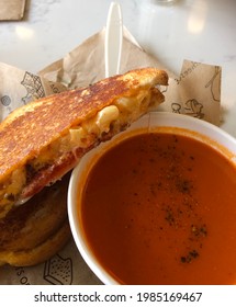 Mac And Cheese Grilled Cheese With Tomato Soup.