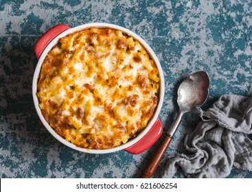 Mac And Cheese. Macaroni And Cheese With Meat Tomato Sauce. Delicious Lunch  