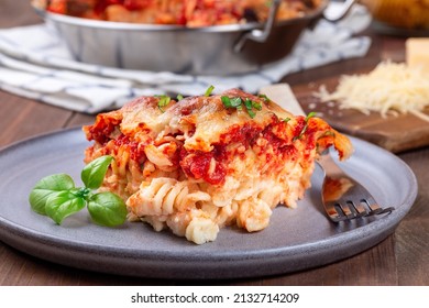 Mac And Cheese With Meatballs, Mozzarella, Tomato Sauce And Basil, On Gray Plate, Horizontal