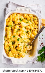 Mac And Cheese In The Oven Dish, White Background, Top View.